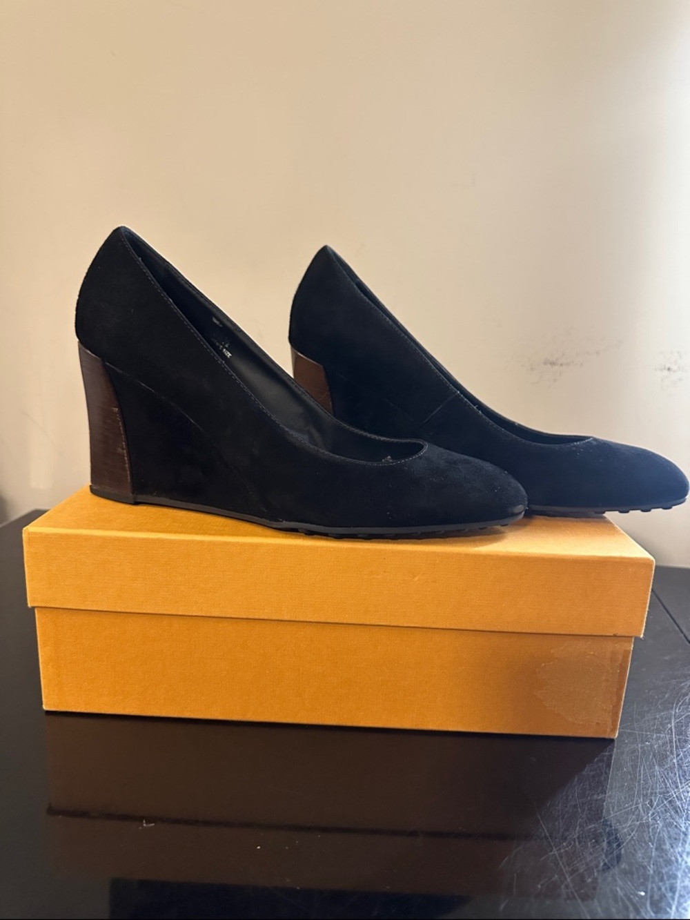 Tod's Black Suede Wedge Pumps